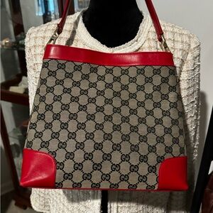 Authentic Gucci Vintage Classic Canvas Handbag with Red Vachetta Leather Details